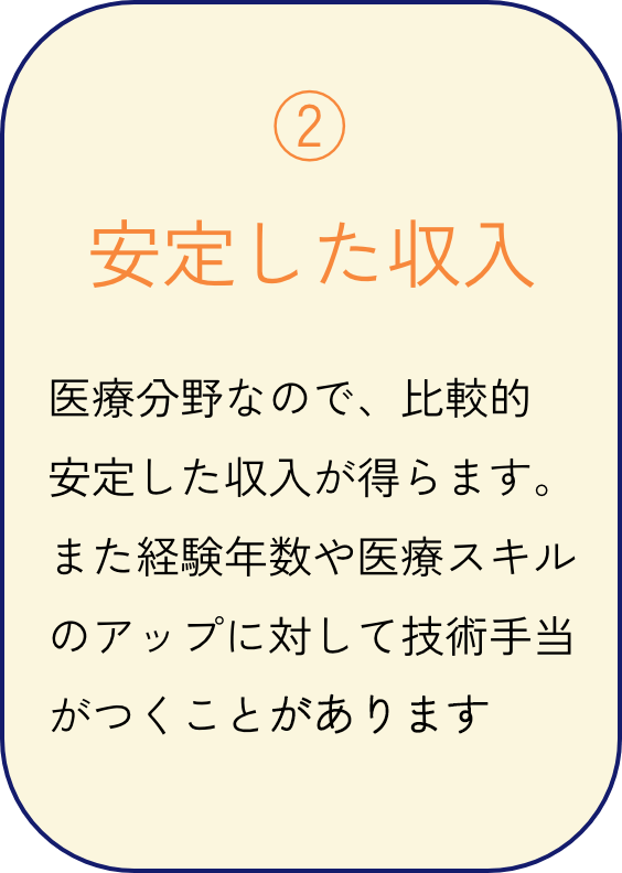 安定した収入 医療分野なので、比較的安定した収入が得らます。また経験年数や医療スキルのアップに対して技術手当がつくことがあります
