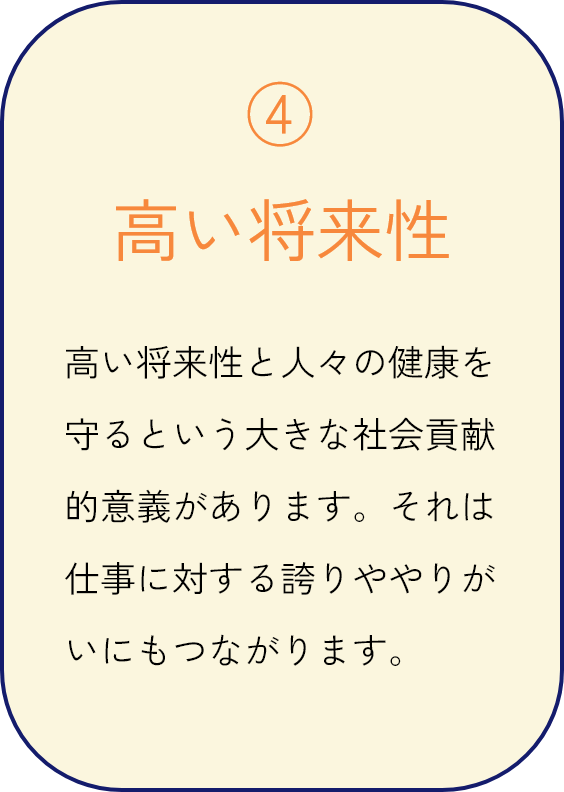 高い将来性 高い将来性と人々の健康を守るという大きな社会貢献的意義があります。それは仕事に対する誇りややりがいにもつながります。